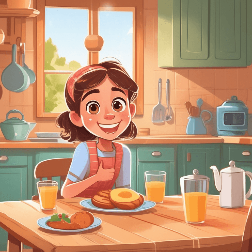 A young girl shows a bright smile upon seeing heart-shaped pancakes