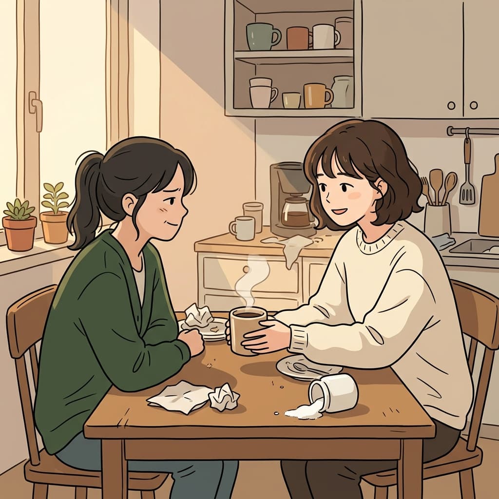 After the argument, she smooths things over with a warm apology and coffee.
