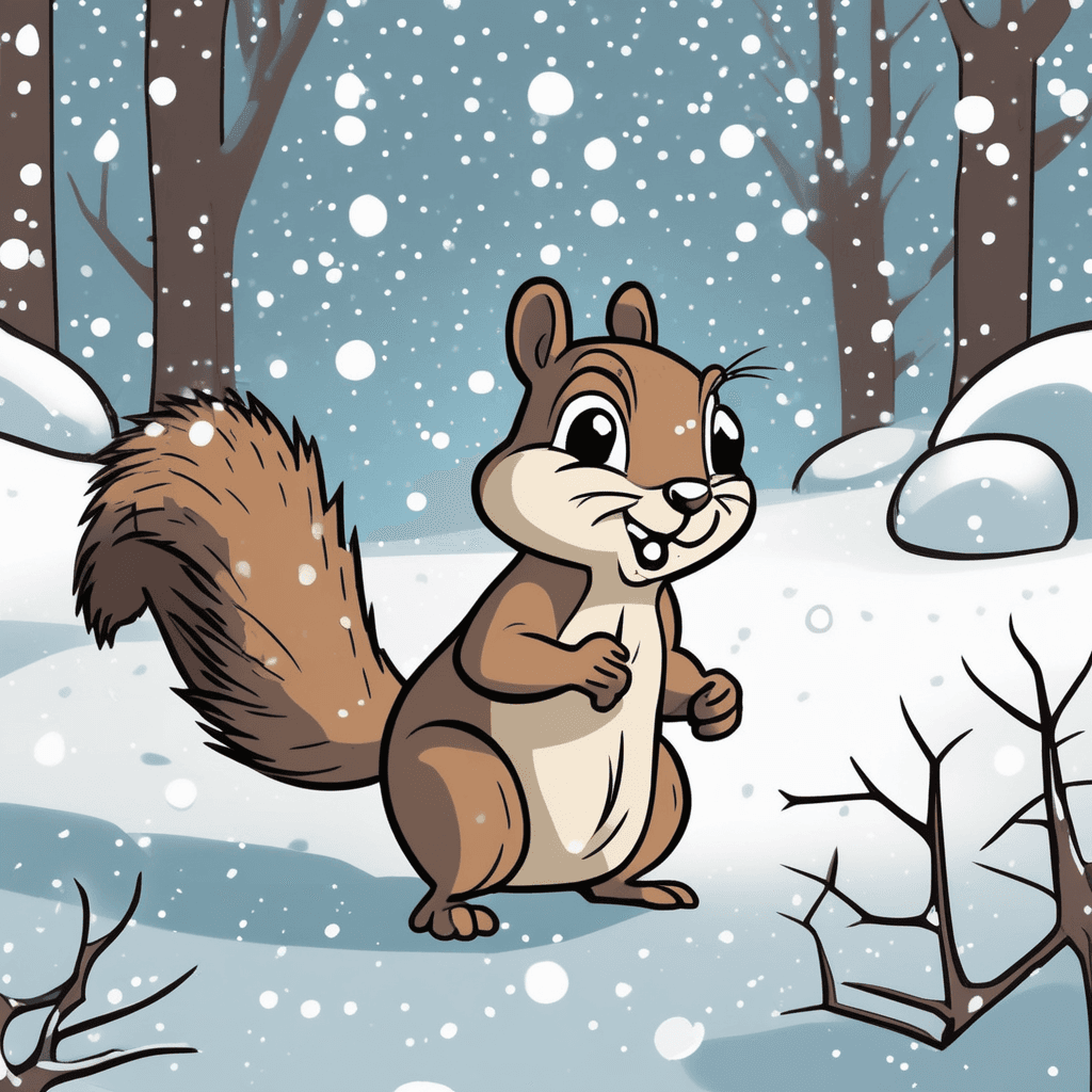 Through snow flurries, away go worries as the squirrel scurries!