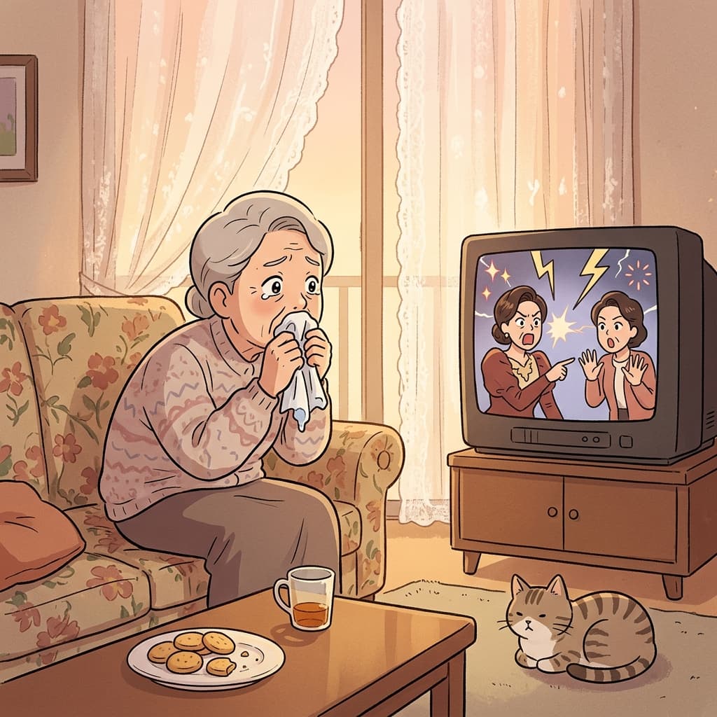 Grandma sobs at the TV as the soap opera reveals a shocking twin reveal.