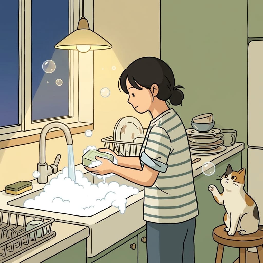 She lathers soap into bubbles while washing dishes after dinner.