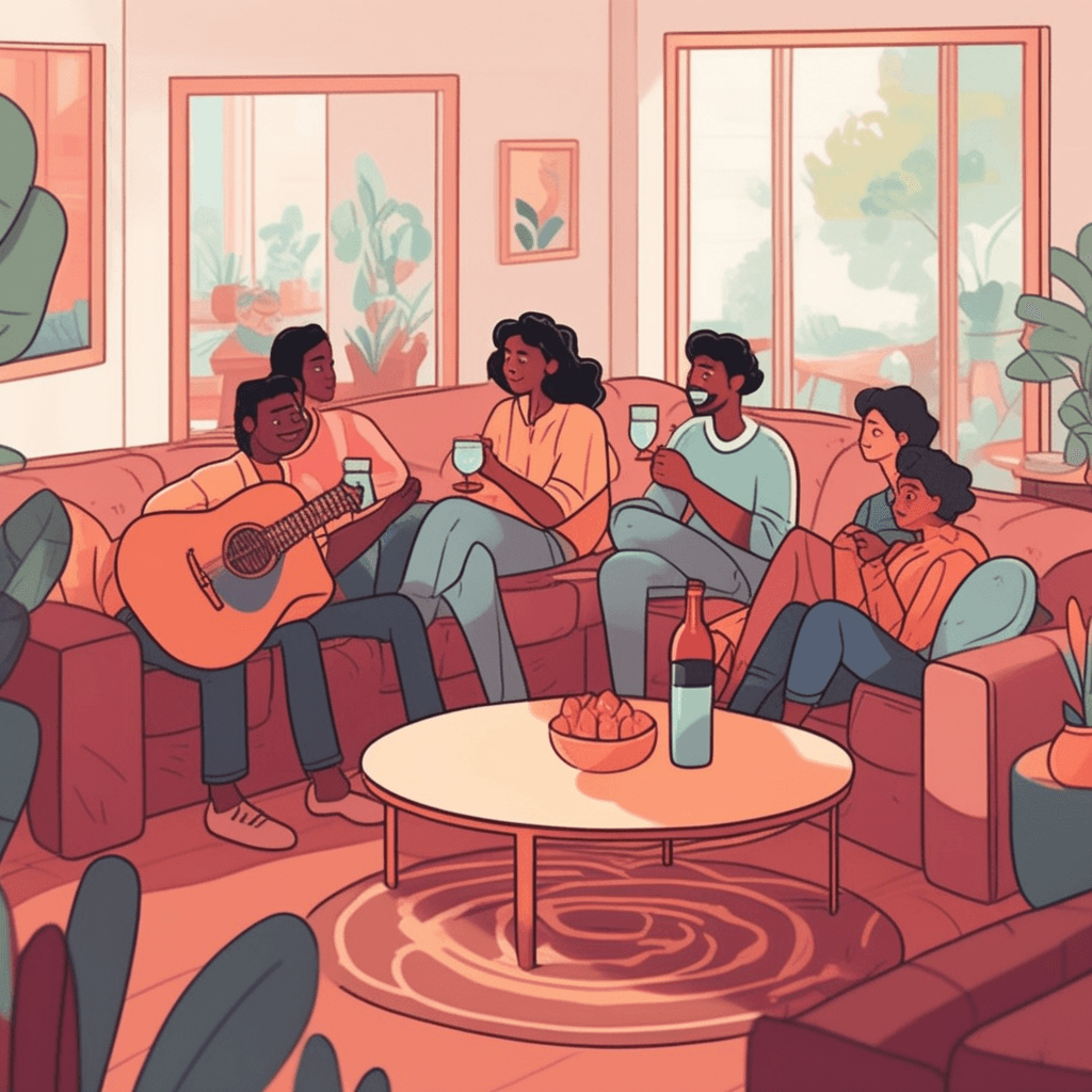 a person sits comfortably on a couch holding a glass of clear water while friends around them hold colorful cocktails. The main character smiles genuinely and engages in animated conversation with bright, alert eyes. While others show slightly flushed faces and looser postures from drinking alcohol, the main character maintains perfect posture and sharp focus. The contrast becomes clear as party guests stumble slightly or laugh louder, while the sober person remains steady and articulate. Friends lean on the main character for support, recognizing their reliable, clear-headed state. the state of being sober and not affected by alcohol