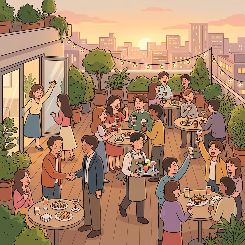 The rooftop social event buzzed with laughter, clinking glasses, and new introductions.