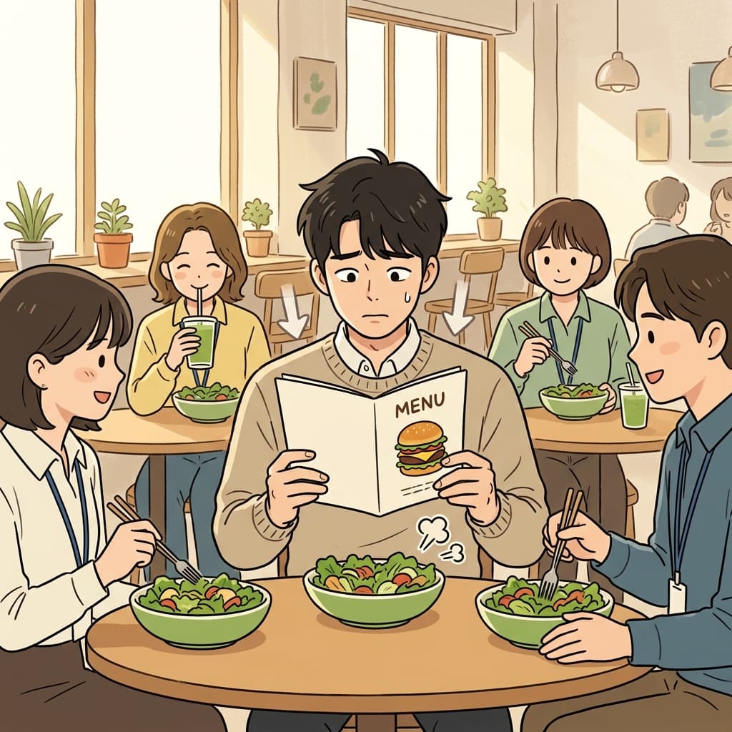 Everyone ordered salad, so he felt social pressure and skipped the burger he wanted.