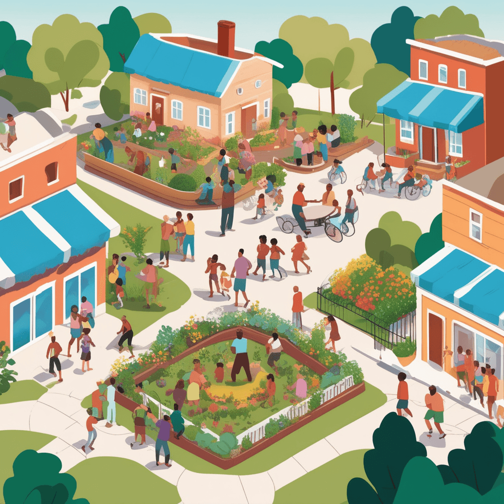 A diverse society gathers in the town square for community activities