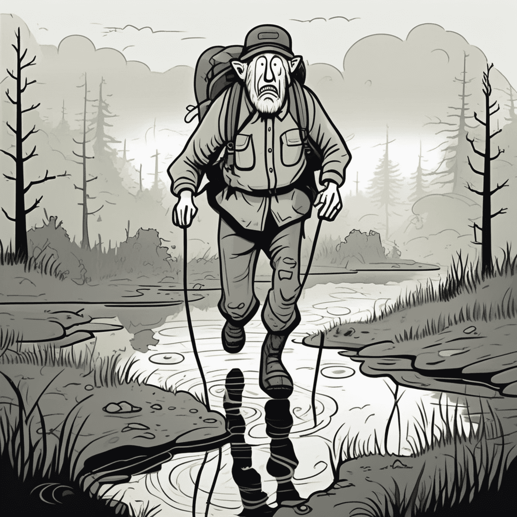 Through foggy mist on soggy ground, he walks groggy and unsound!