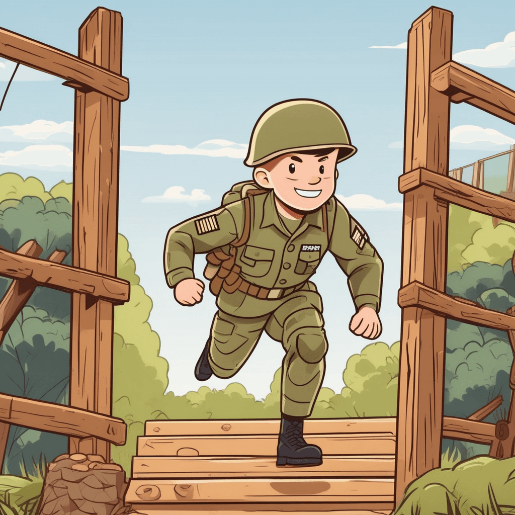 a uniformed soldier completes an obstacle course while carrying military gear and equipment. The soldier climbs over wooden barriers and crawls under rope nets with determination and focus. Other soldiers in matching uniforms cheer and encourage from the sidelines. A drill sergeant with a whistle observes the training exercise while pointing toward the next obstacle. The organized military environment shows flags, equipment, and structured training formations. a person who serves in an army as a member of the military forces