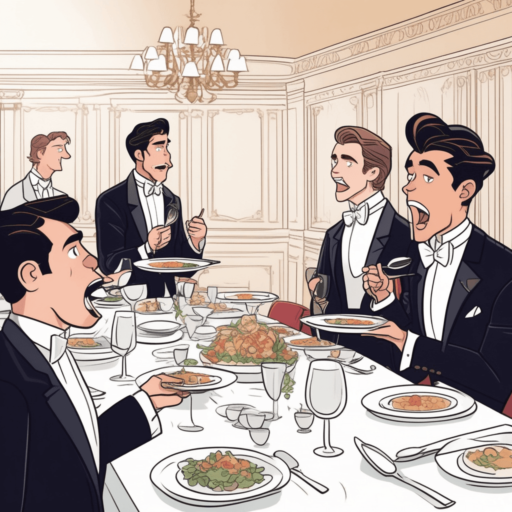 a young man in formal attire loudly slurps his soup while holding the spoon incorrectly like a shovel. He speaks with his mouth full of food, spraying bits across the white tablecloth. The other dinner guests immediately stop eating and stare at him with shocked expressions. Their faces show a mixture of embarrassment and disapproval as they exchange uncomfortable glances. Some guests cover their mouths in horror while others look away in disgust. a grammatical mistake in speech or a breach of etiquette and good manners