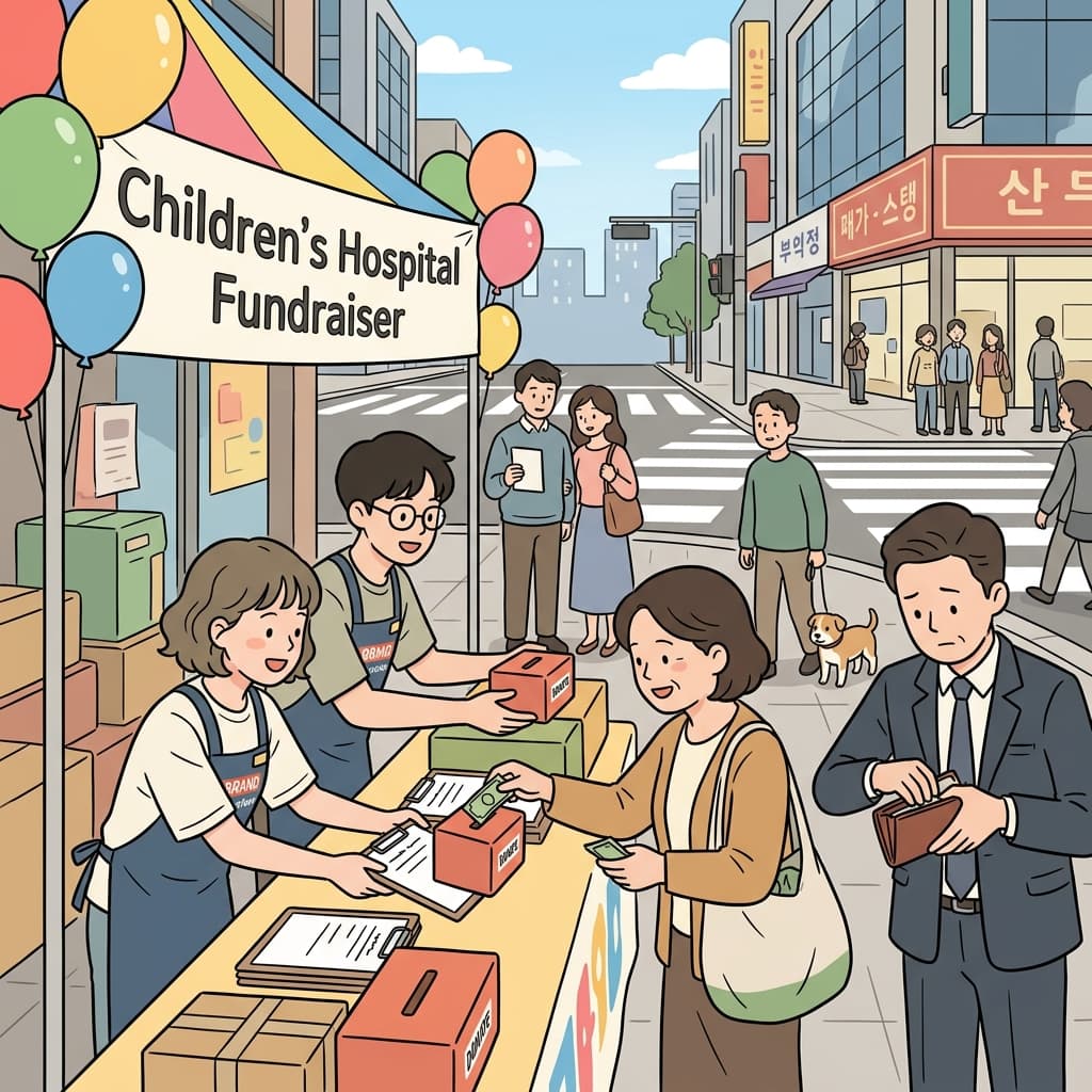 Volunteers solicit donations from passersby for the children's hospital fundraiser.