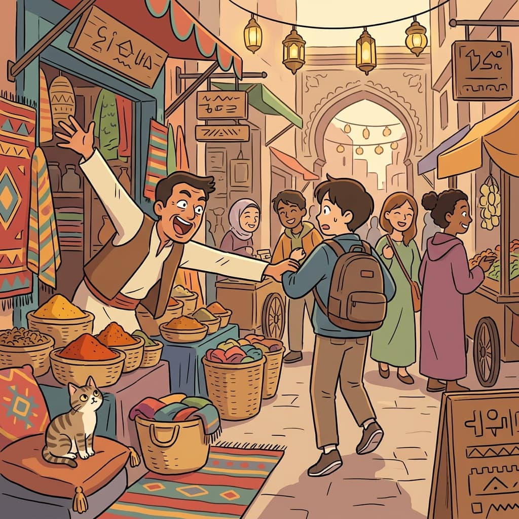 The street vendor's loud solicitation finally convinced a tourist to stop and buy.