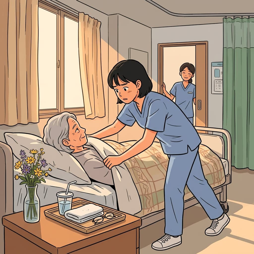 The solicitous nurse tucks the blanket around the elderly patient with careful attention.