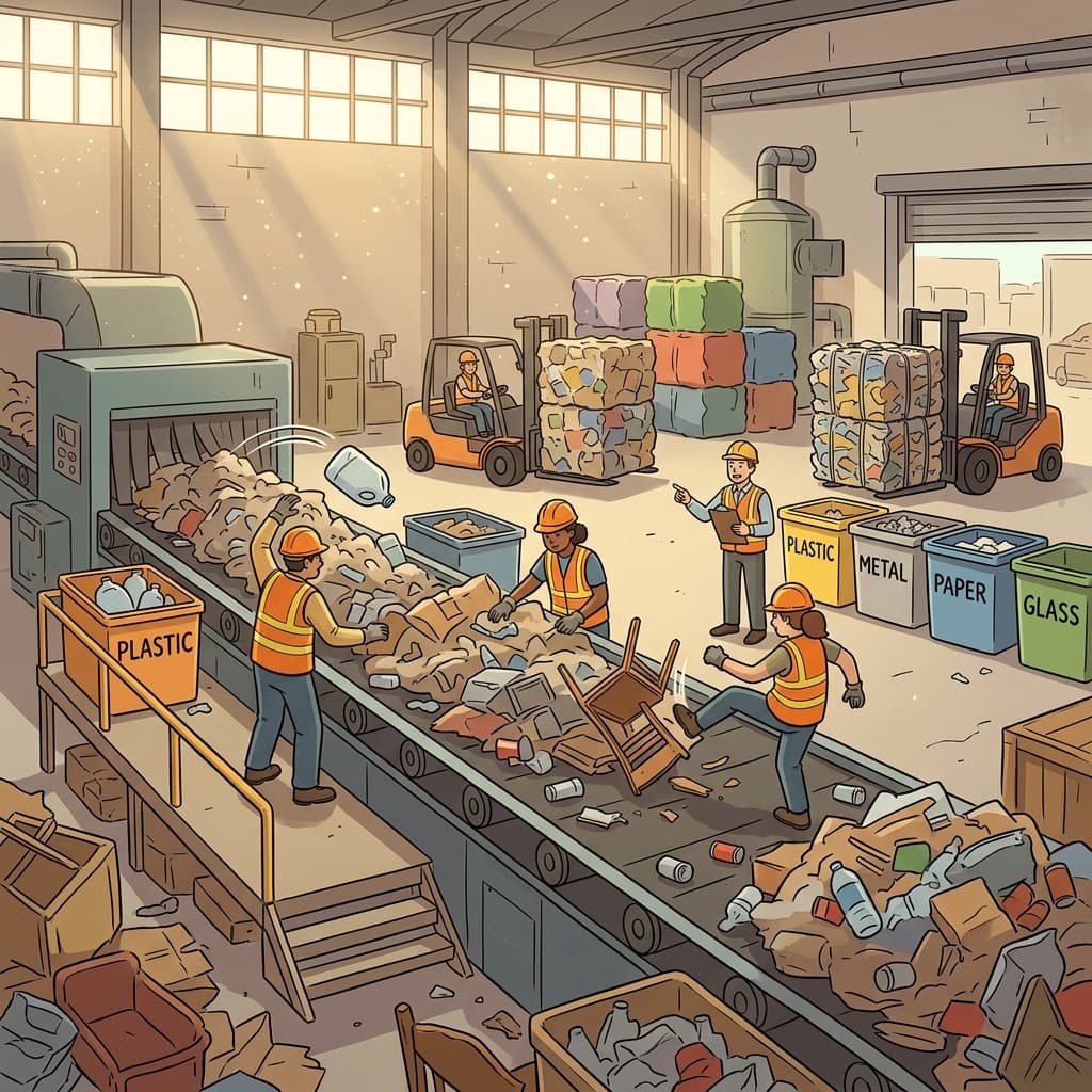 Workers sort mountains of solid waste at the city recycling center.