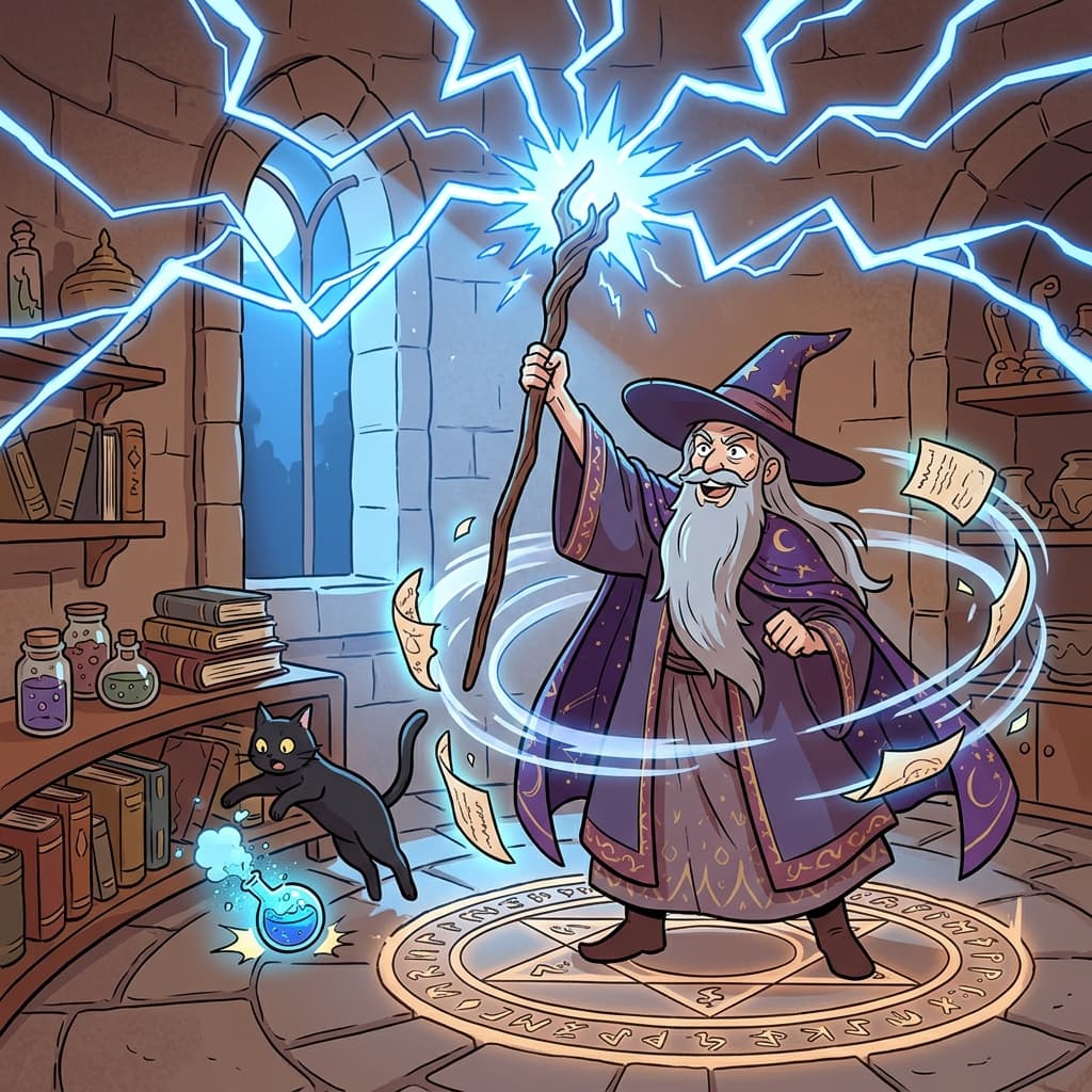 The sorcerer summons crackling lightning from his staff inside the ancient stone tower.