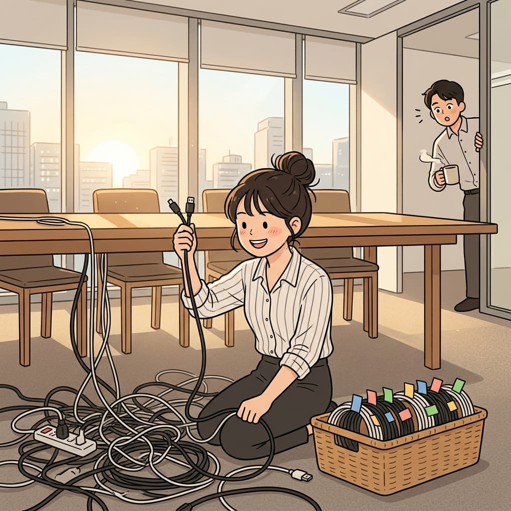 She sorts out the tangled cables before the meeting starts.