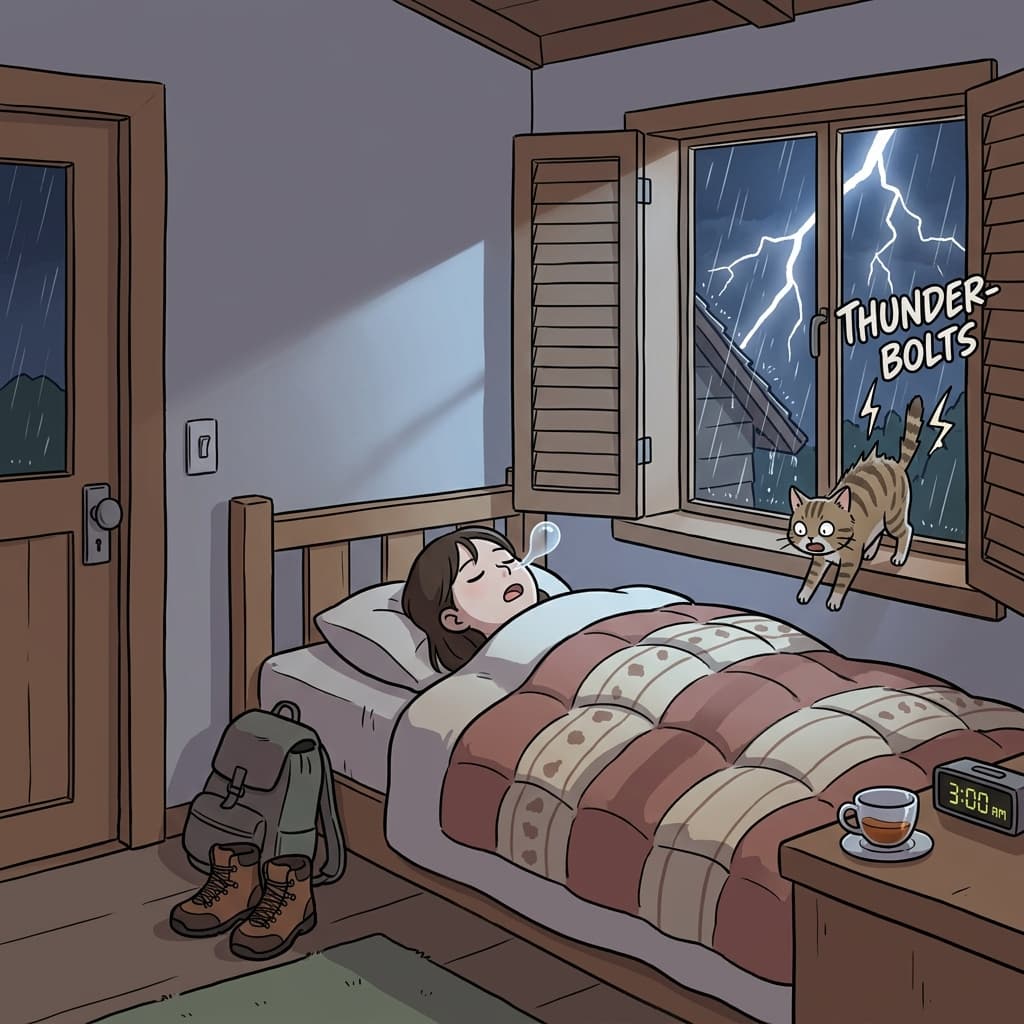 After the long hike, she slept soundly through the entire thunderstorm.
