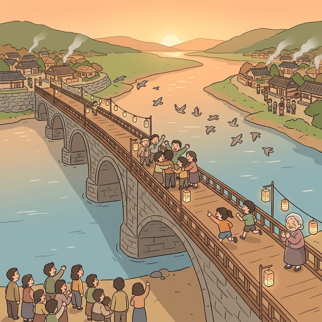 The new bridge spans the wide river, connecting two distant villages.