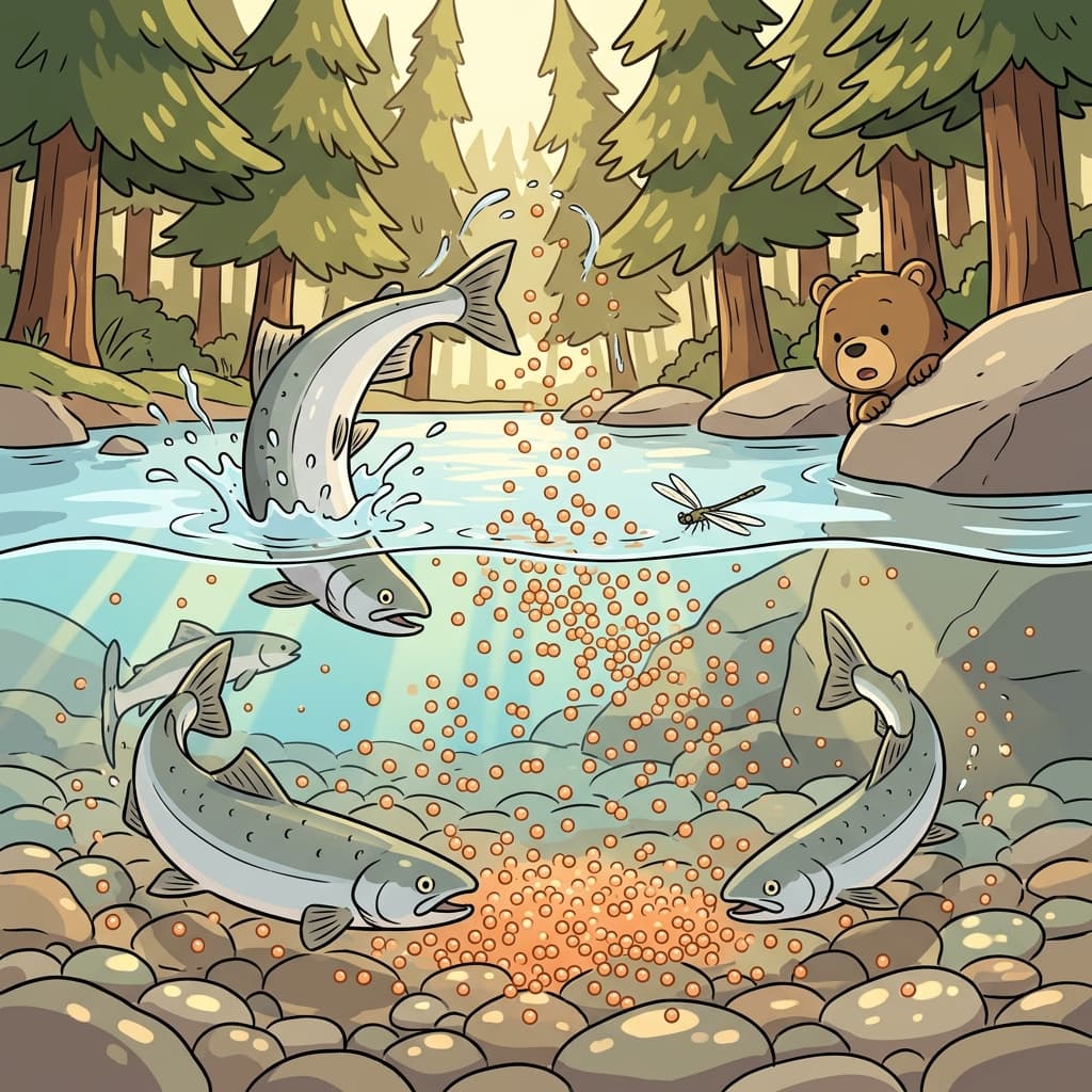 The salmon spawn thousands of eggs in the shallow river bend.