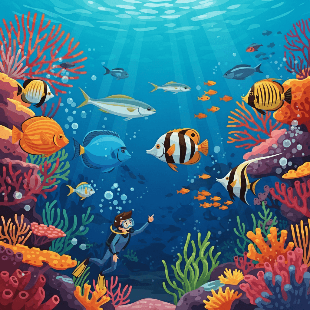 Species by the sea breeze — fish of many kinds swirl through the coral with ease.