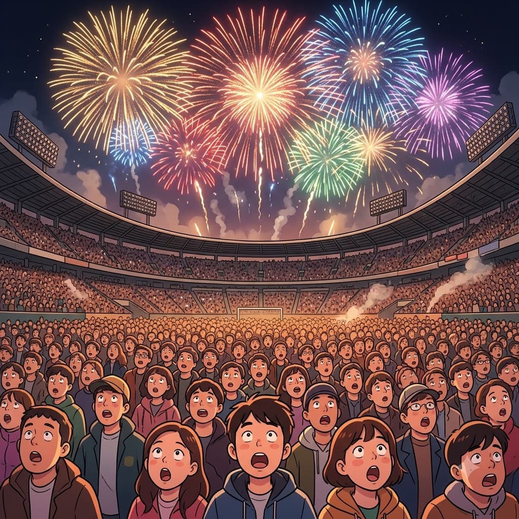 Looking up at the massive fireworks over the stadium, the crowd's faces were completely overwhelmed by the breathtaking spectacle.
