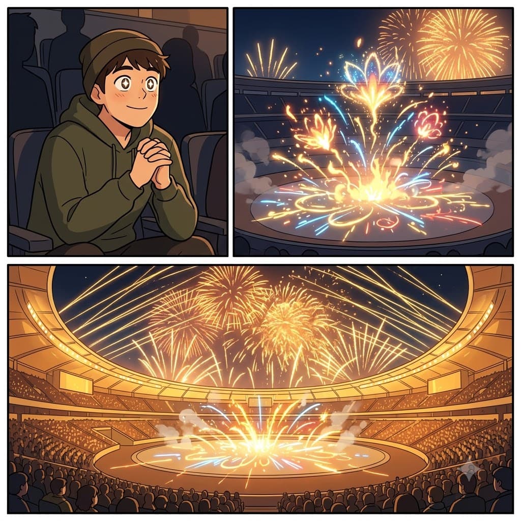 As a devoted spectator, he watched the massive firework spectacle and was completely amazed by the spectacular show.