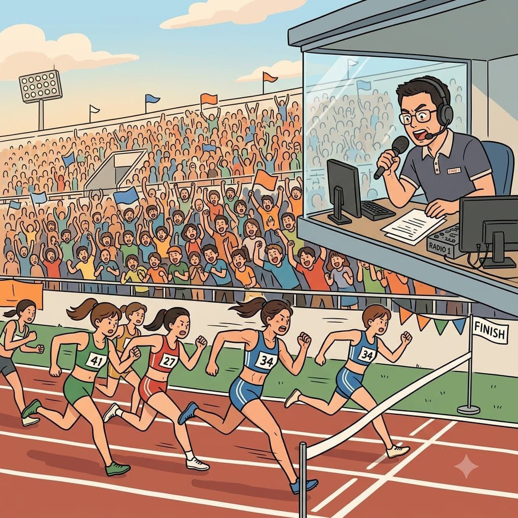 The spectator cheered while the commentator described the race and each competitor fought for the finish.