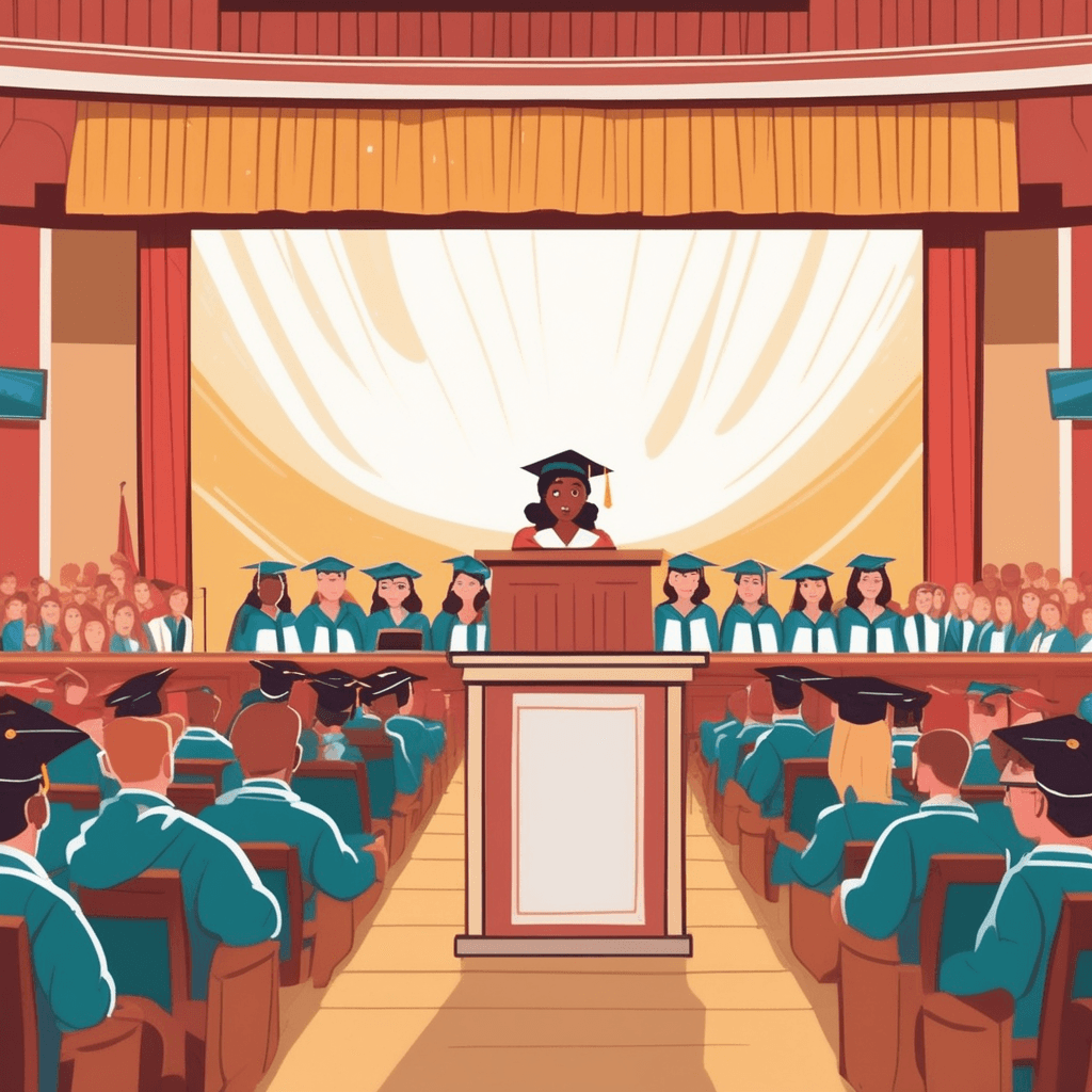 a confident graduate stands at a wooden podium delivering her valedictorian address to the assembled crowd. Her mouth is open mid-sentence with one hand gesturing expressively as words flow from her lips. The audience members in the front rows lean forward attentively, some nodding in agreement. Several graduates in caps and gowns smile and applaud as they listen to her inspiring message. Parents in the back rows cup their ears to hear every word clearly. the expression of thoughts and feelings through articulate sounds