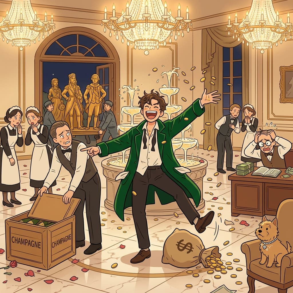 The young heir is a total spendthrift, blowing his fortune on gold statues and champagne.