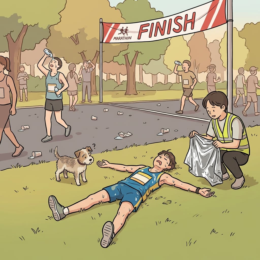 After the marathon, his legs were completely spent and he collapsed on the grass.