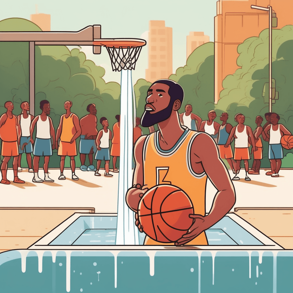 a sweaty basketball player leans over a public water fountain and forcefully expels a stream of water from his mouth. The water shoots out in a clear arc away from his face after he rinses his mouth. He had just taken a drink to cool down but needed to spit out the warm, unpleasant-tasting water. Other players nearby watch as some grab their own water bottles. A teammate approaches the fountain waiting for his turn to drink. forcing liquid out of the mouth in a quick, deliberate motion