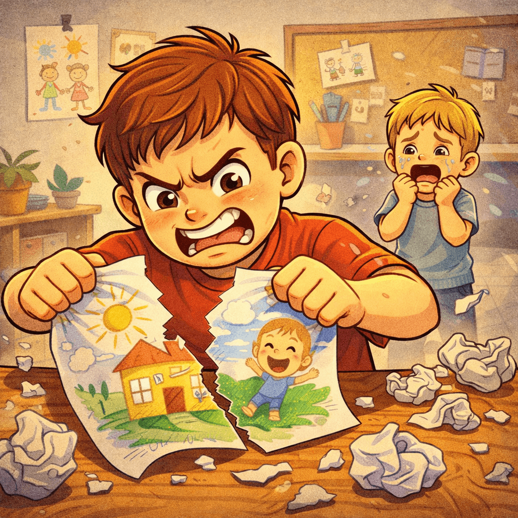 A spiteful boy tears up another child’s happy drawing just to make him cry.