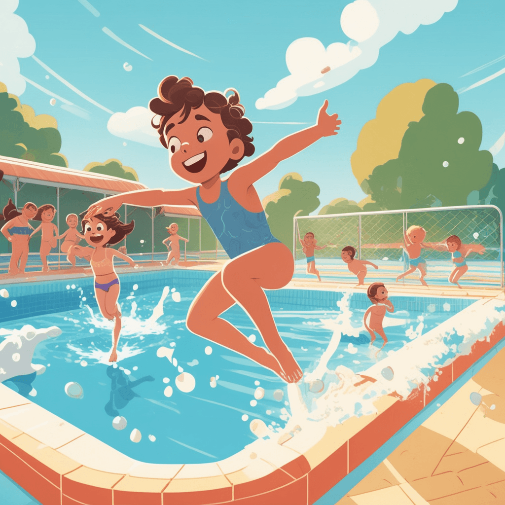 a excited child jumps off the diving board with arms and legs spread wide. The child hits the bright blue pool water with tremendous force creating a massive eruption. Water droplets and waves explode outward in every direction from the impact point. The powerful splash sends water flying onto nearby sunbathers who shield themselves and laugh. Other swimmers in the pool get caught in the spray as concentric ripples spread across the surface. liquid hitting against something with force making drops fly in all directions