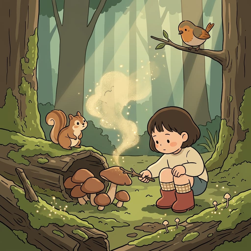 A tiny spore drifts from the mushroom cap and floats into the forest air.