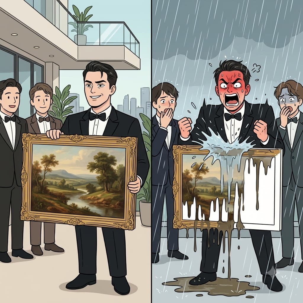 Watching the paint wash away in the rain, the rich collector grew intensely furious because his expensive art was spurious.