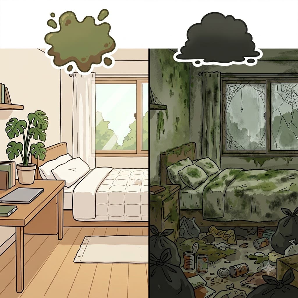SQUAL(foul dirt) + OR(state of) — entering a permanent state(OR) covered in foul dirt(SQUAL), the abandoned room fell into total squalor.
