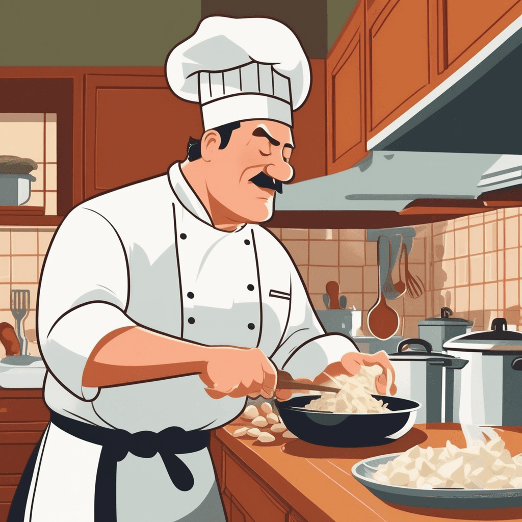 a chef raises a large knife flat above several garlic cloves on a cutting board. The chef presses down hard with the flat side of the knife blade. The garlic cloves flatten and spread out under the pressure of the metal. Pieces of garlic skin scatter away from the now-crushed bulbs. A kitchen assistant watches nearby while other ingredients wait on the counter. the garlic being squashed from round cloves into flat, crushed pieces.