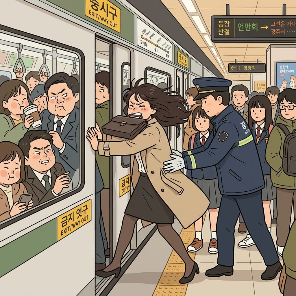 She tries to squeeze into a packed subway car during rush hour.