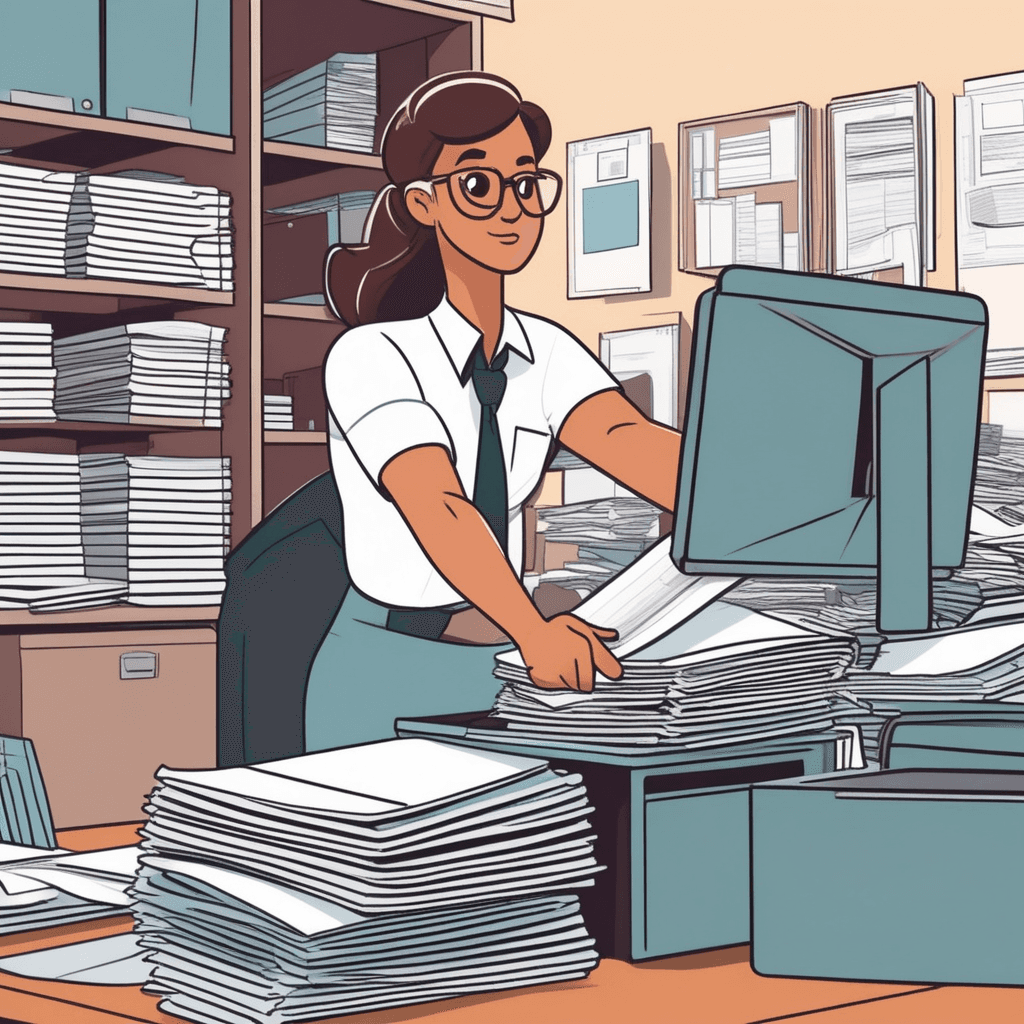 an office worker carefully places another folder on top of a growing pile of papers and documents. She reaches for more files from an open filing cabinet drawer nearby. The pile grows taller as each document gets added one by one on top of the others. Papers and folders of different colors create distinct layers in the growing heap. A coworker watches from behind, holding more documents ready to add to the collection. a pile of documents, papers, and folders arranged one on top of another