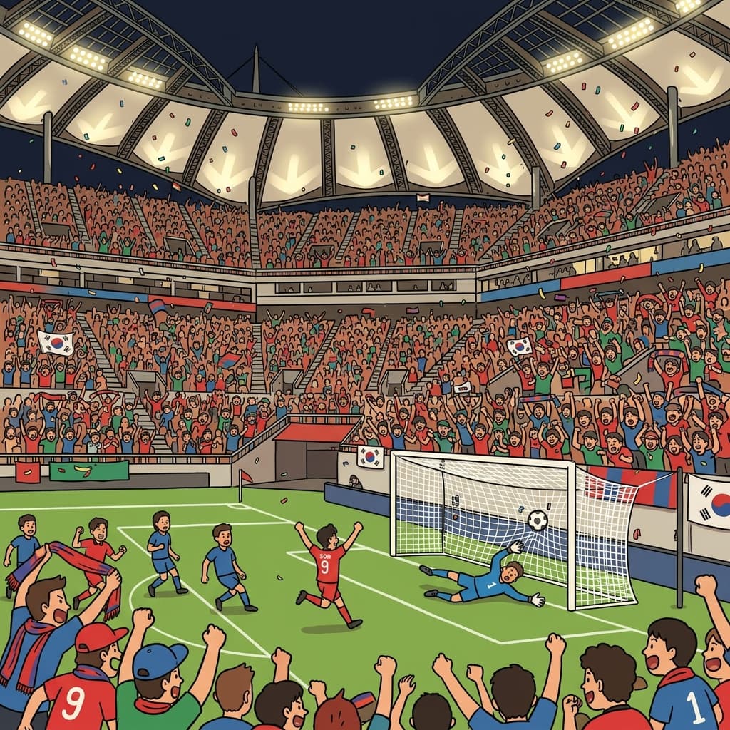 The stadium erupts as the striker scores the winning goal in extra time.