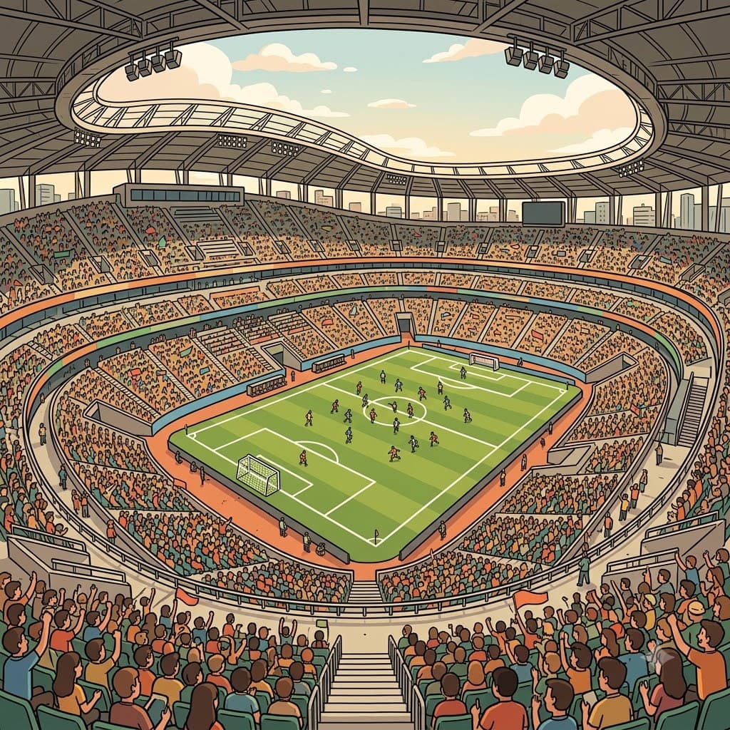 The stadium's enormous stands surround the field where athletes compete before a large crowd. (stadium = a large sports venue with spectator stands)