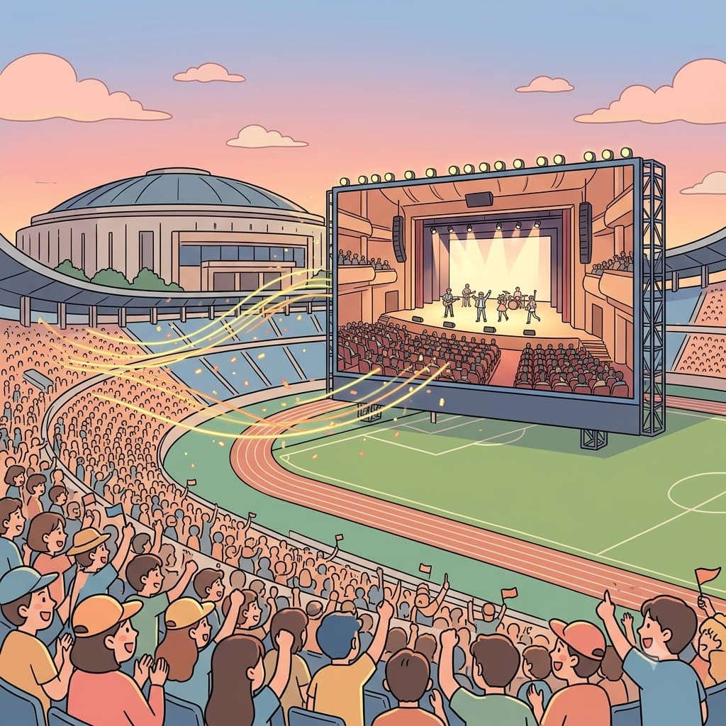 The stadium used a giant screen as a medium to connect the crowd with the performers in the auditorium.