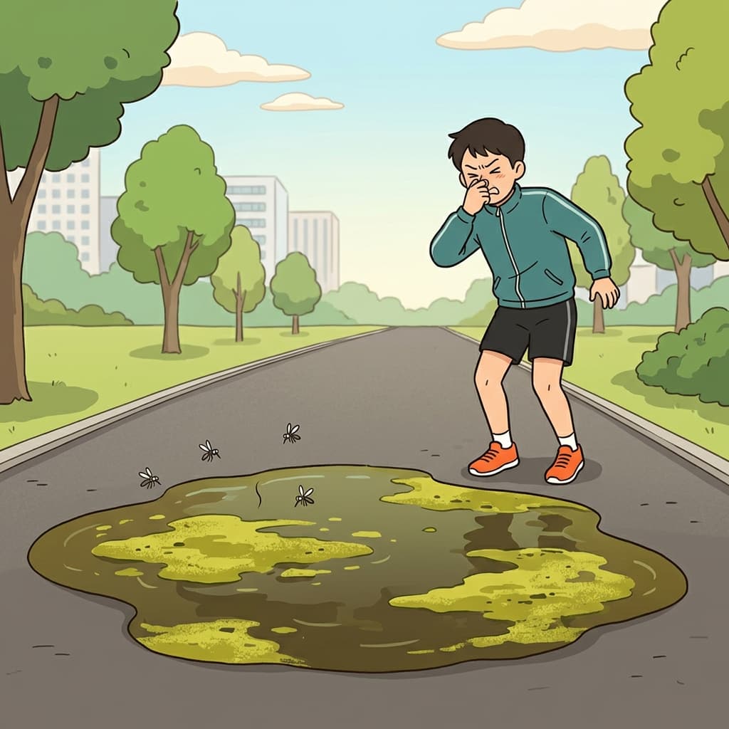 The park path was completely blocked by a massive puddle of green, stagnant water.