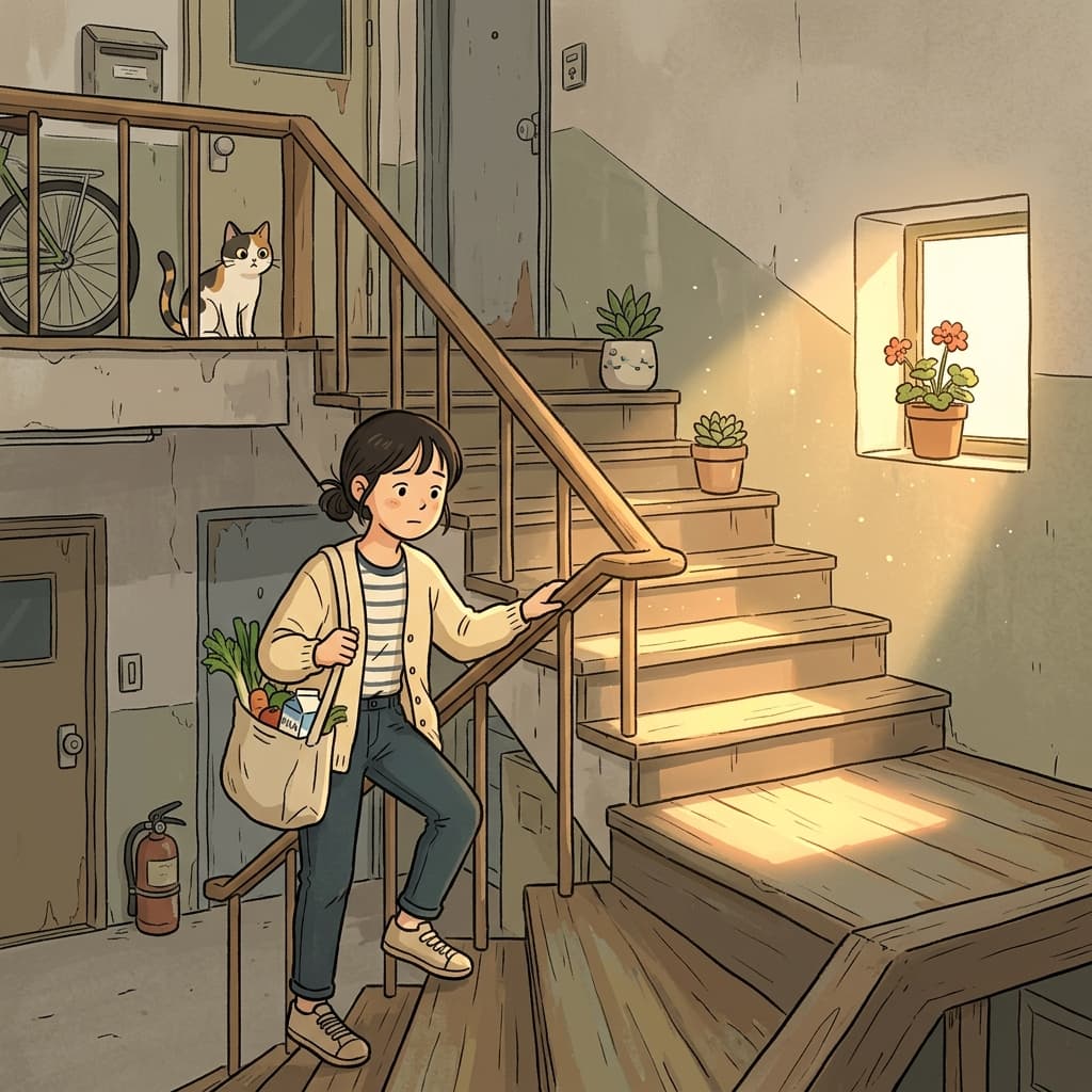 She climbs the stair slowly, one careful step at a time.