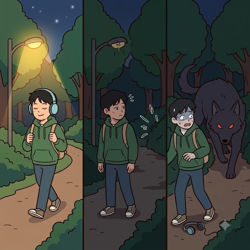 While he was taking a quiet midnight walk, a terrifying monster began to aggressively stalk him from the bushes.
