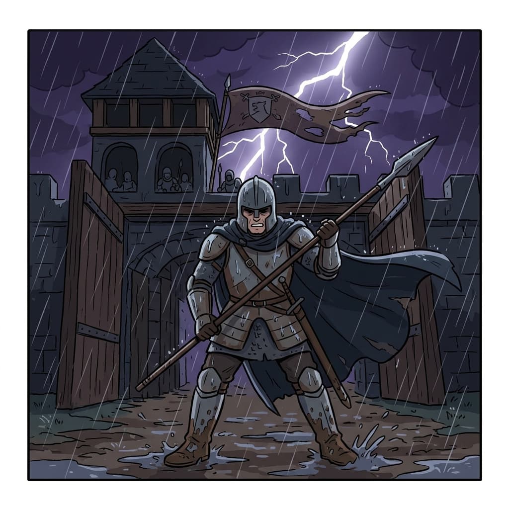 The stalwart knight guards the castle gate alone through the raging storm.