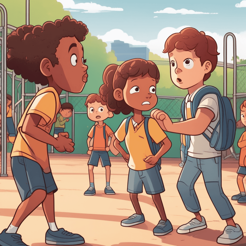 a brave student steps between a bully and a smaller child being teased. The defender holds out their arm protectively while facing the aggressor with determination. The bully was pointing and laughing at the smaller child's appearance. Now the bully steps back with surprise as the defender intervenes confidently. The smaller child behind looks relieved and grateful for the protection. Other playground children gather around watching the brave intervention unfold. someone defending and supporting another person when they are being attacked or criticized