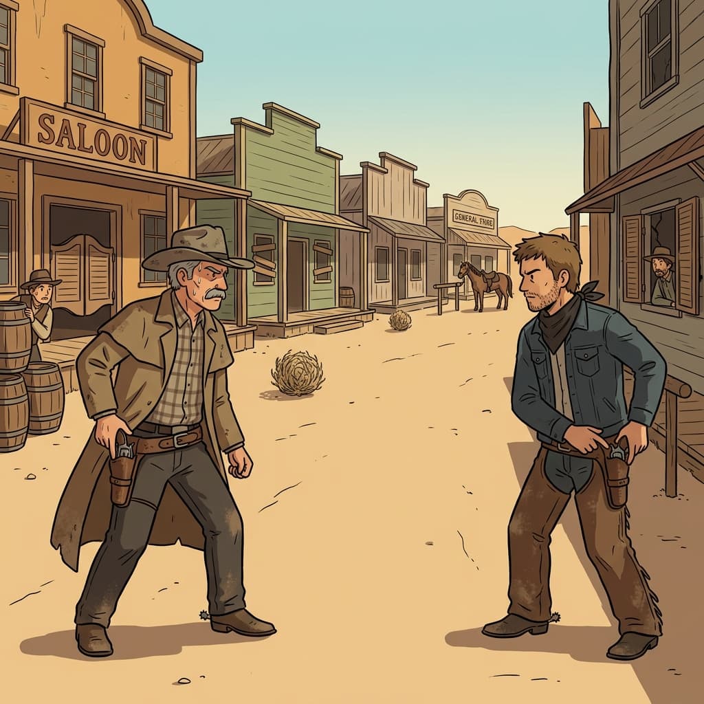 The two gunslingers froze in a tense standoff at high noon.