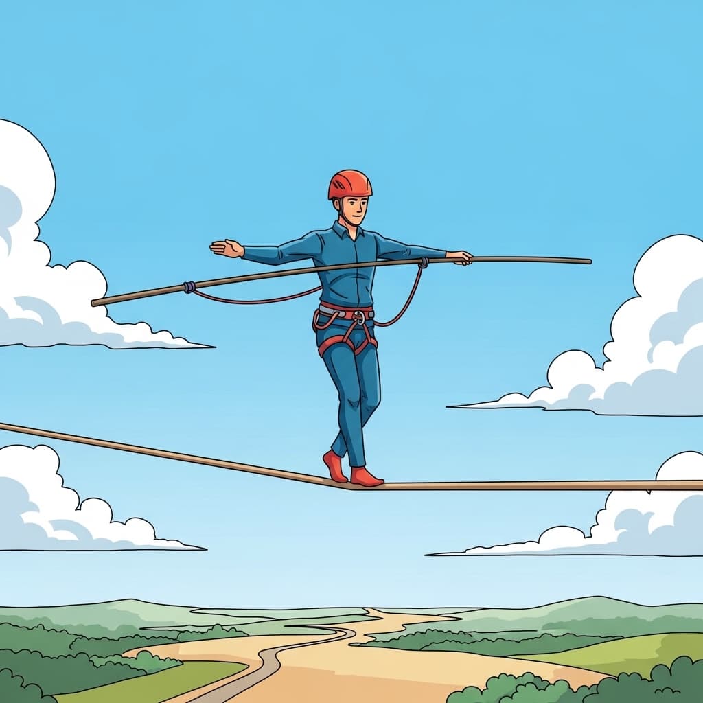 Though the rope is unsteady, he walks steady and ready.