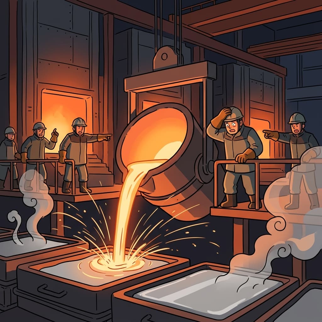 Workers pour molten steel into giant molds at the roaring foundry.
