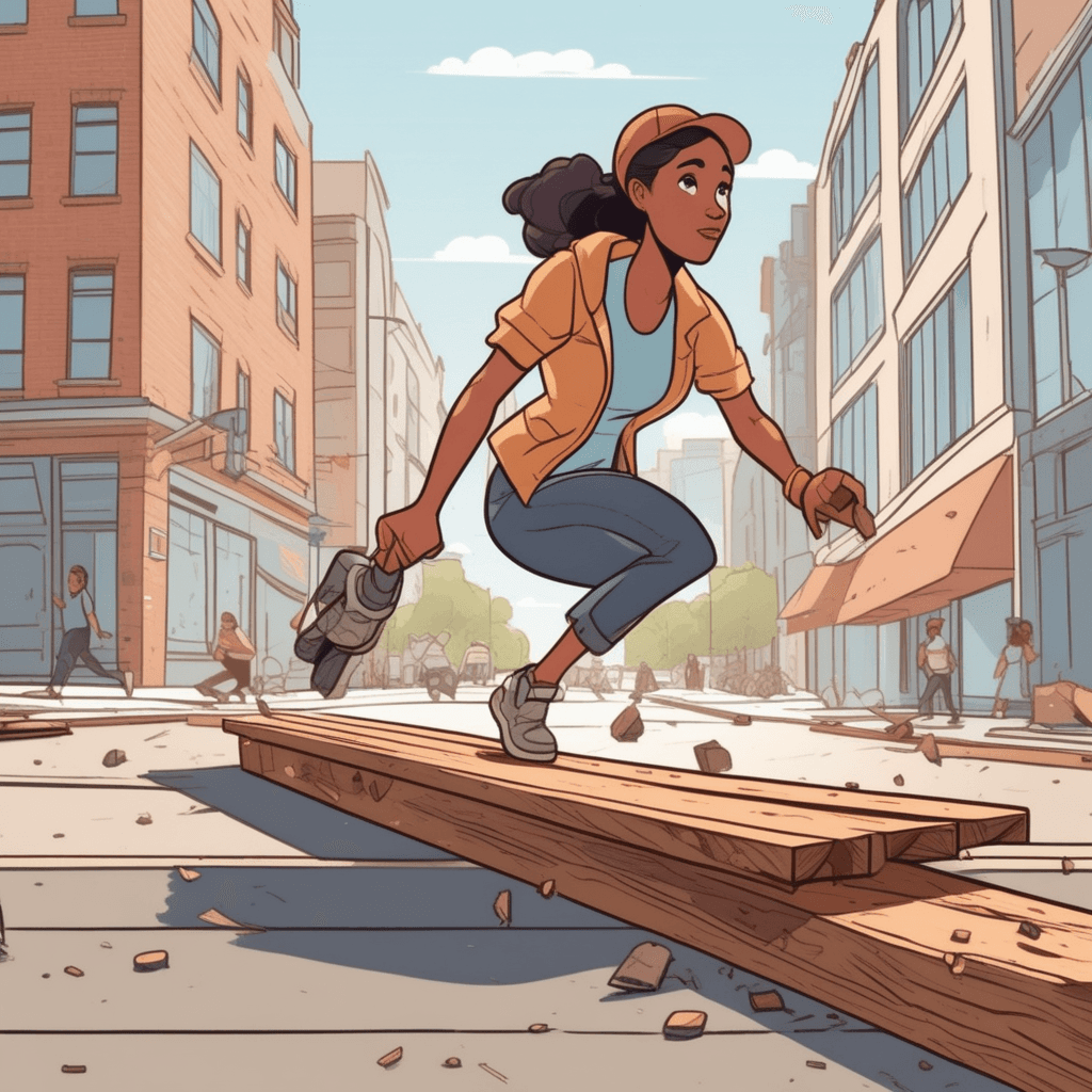 a woman in casual clothes lifts her right foot high to clear over a long wooden plank lying across the sidewalk. Her leg is raised prominently as she carefully places her weight on her left foot for balance. Behind her, another pedestrian waits patiently for his turn to navigate the same obstacle. The wooden plank blocks the normal walking path, forcing everyone to lift their feet high to get past. A construction worker nearby watches to ensure people safely navigate around the work area. lifting your foot high to go over something on the ground