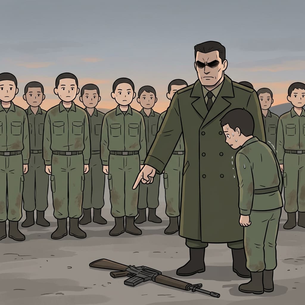 The stern captain glared at the trembling cadet who dropped the rifle.